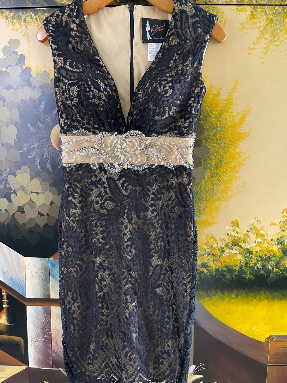Mac Duggal Black Lace Midi Dress with Champagne Beaded Waist